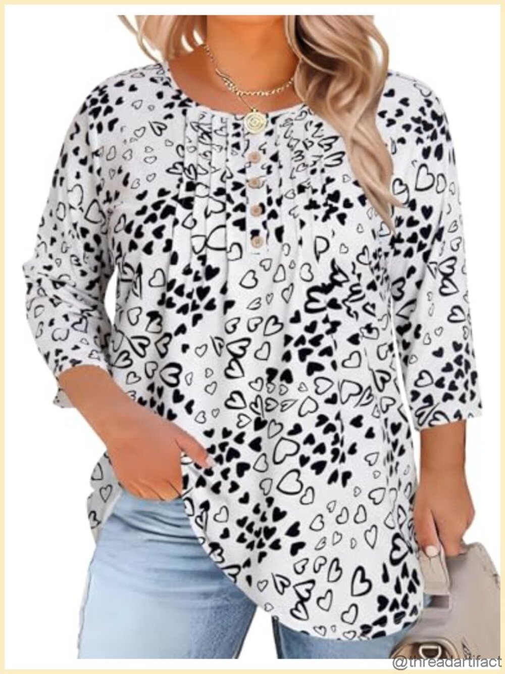 Plus Size 3/4 Sleeve Floral Tunic Blouse Button Crew Neck Loose Fit